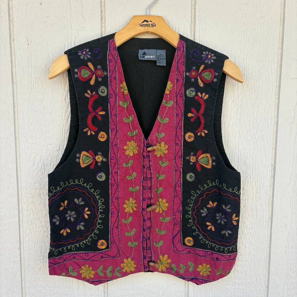Vintage Liz Wear Embroidered Vest Women's Medium Black Magenta Floral Cottage